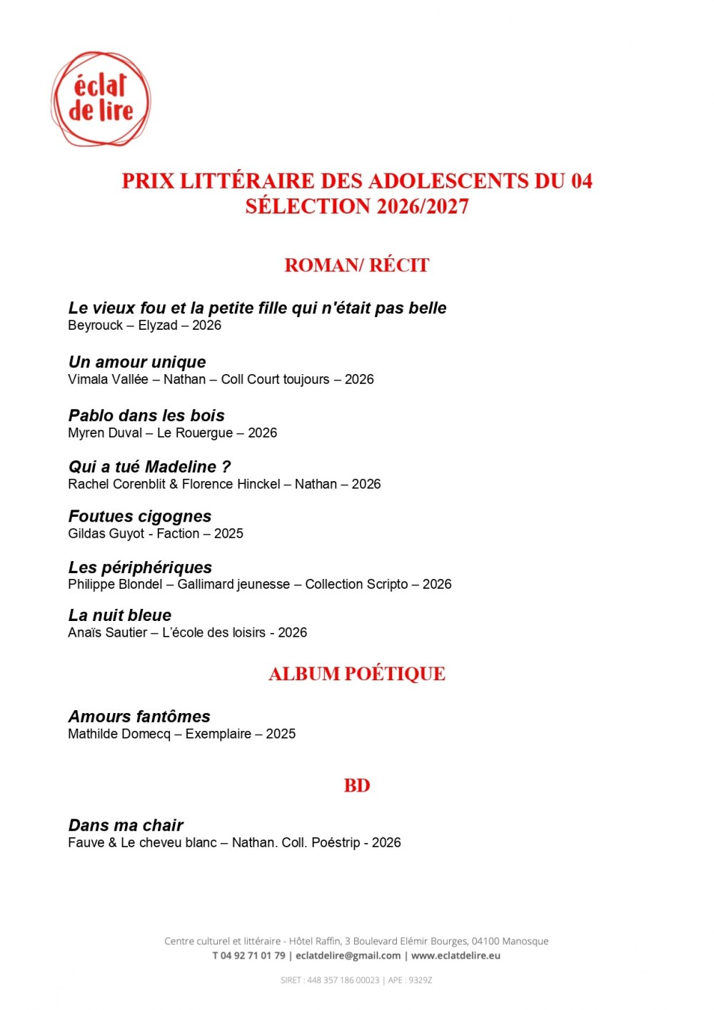 Sélection finale du Prix littéraire des ados des Alpes de Haute Provence - 2026/ 2027